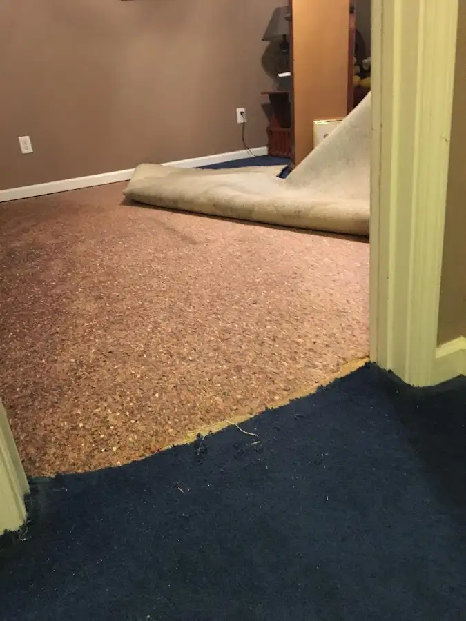 Carpet pad removal revealing water damage during Drying & Dehumidification in Swannanoa